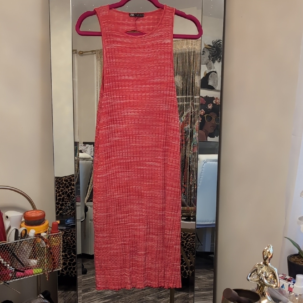 Pink Ribbed Halter Sheath Midi Dress